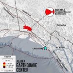 Graphic courtesy of the Alaska Earthquake Center In this diagram, red dots represent the Dec. 6, 2025, Hubbard Glacier earthquake and its many aftershocks. The dotted line connecting the Totschunda and Fairweather fault systems represents a possible “connector fault,” about which scientists have theorized for years.