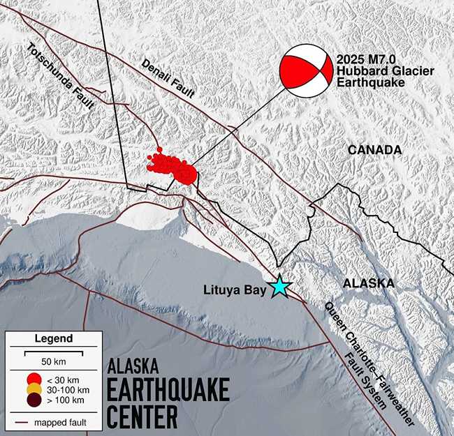 Graphic courtesy of the Alaska Earthquake Center
In this diagram, red dots represent the Dec. 6, 2025, Hubbard Glacier earthquake and its many aftershocks. The dotted line connecting the Totschunda and Fairweather fault systems represents a possible “connector fault,” about which scientists have theorized for years.