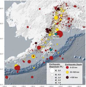 Figure by Cade Quigley
The figure shows the approximately 2,700 earthquakes that occurred in Southcentral Alaska between Sept. 10 and Nov. 12, 2025. Also shown are the locations of the two research sites: HOM and KOD.
