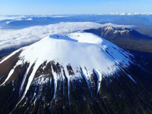 Photo by Max Kaufman/Alaska Volcano Observatory
Mount Edgecumbe rises in the foreground with Crater Ridge behind and to the north on May 19, 2022.