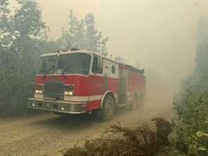 Photo courtesy of the Alaska Division of Forestry. An Ester Volunteer Fire Department engine joins efforts to suppress the Nenana Ridge Complex fires on July 2, 2025.