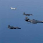 A U.S. Air Force B-1B Lancer leads a formation of Republic of Korea Air Force F-15K Slam Eagles and F-16 Fighting Falcons during a bilateral mission into South Korean airspace March 21, 2017. Image-DoD