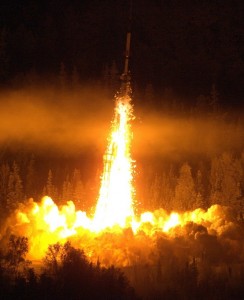 A NASA Oriole IV sounding rocket with the Aural Spatial Structures Probe leaves the launch pad on Jan. 28, 2015, from the Poker Flat Research Range in Alaska. Image Credit: NASA/Lee Wingfield
