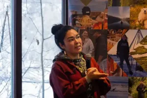 Mary Hostetter of the Igiugig Village Tribal Stewardship and Guardians Program speaks at the Indigenous Stewardship gathering. Photo by Schuyler Alig/Alaska Conservation Foundation.