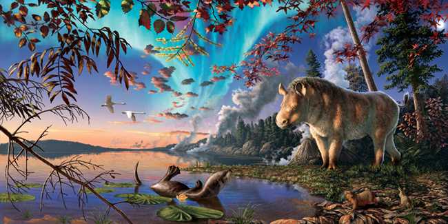 Artist’s recreation of Epiatheracerium itjilik, at its forested lake habitat, Devon Island, Early Miocene. The plants and animals shown are based on fossil finds at the site, including the transitional seal Puijila darwini.