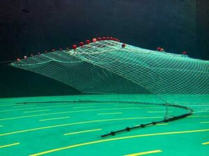 Photo by Hannah Myers
A modified trawl net with a "killer whale fence" made of modified webbing and chain in the net entrance undergoes a simulated haulback in a flume tank at Memorial University in Newfoundland, Canada.
