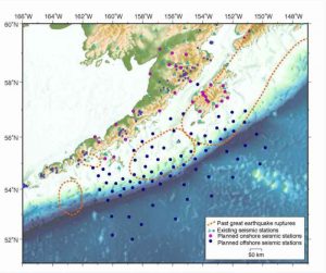Purple circles show the location of land-based seismometers on the Alaska Peninsula, Kodiak Island and smaller islands. Dark-blue circles show the location of seafloor seismometers that will be put out for the 15-month experiment.Alaska Amphibious Community Experiment (Click to view larger image)