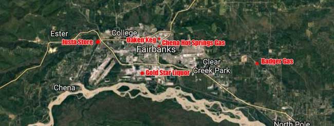 Location of various Monday morning Fairbanks attempted burglaries. Image-Google Maps