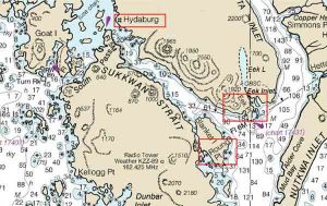 Location of Hydaburg, Eek Point and Round Point on Blanket Island. Image- NOAA Charts