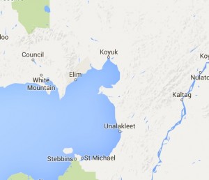 The search is continuing for missing traveler Roger Hannon of Koyuk, who was last seen on the sea ice east of Elim. Image-Google Maps
