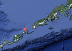 The isolated community of Akutan resides in the Fox Island group on the Aleutian Chain. Image-Google Maps