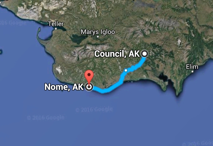 Searchers continue to look for missing hiker, Joseph Balderas halfway between Nome  and Council. Image-Google Maps