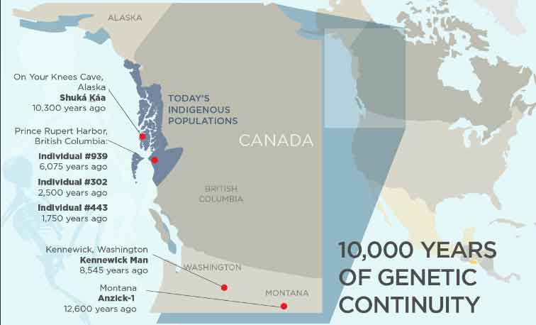Researchers are analyzing DNA from ancient individuals found in southeast Alaska, coastal British Columbia, Washington state and Montana. A new genetic analysis of some of these human remains finds that many of today’s indigenous peoples living in the same regions are descendants of ancient individuals dating to at least 10,300 years ago. Graphic by Julie McMahon