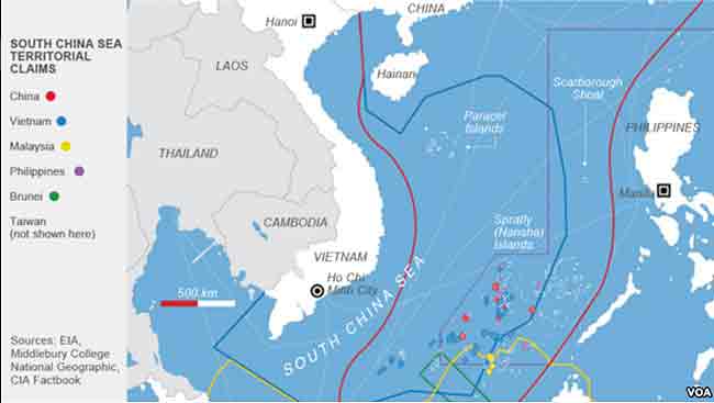 China's development of artificial islands in the South China Sea has fueled tensions in the area. Regional countries fear that China, which has built airfields and placed weapons systems on man-made islands, will extend its military reach and potentially try to restrict navigation. China claims most of the South China Sea, while Taiwan, Malaysia, Vietnam, the Philippines and Brunei claim areas with strategic sea lanes and rich fishing grounds along with oil and gas deposits. Image-VOA