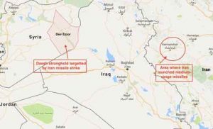 Map showing Syria and Iran and missile launch/strike location. Image-Arab News
