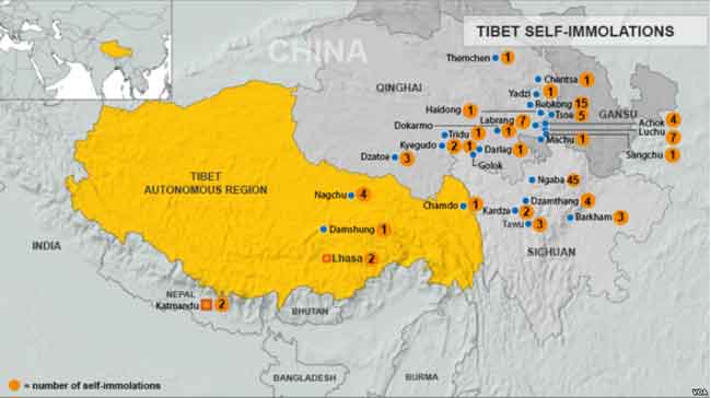 Map of self-immolations in Tibet, or near Tibet. Image-VOA