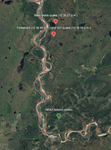 Google Earth image
This map shows the locations of the three components of the Aug. 20, 2025, magnitude 4.2 earthquake in central Alaska, as determined by the Alaska Earthquake Center. Research found that a very-low-frequency earthquake occurred moments before the main shock earthquake.