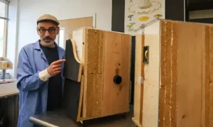 Phillppe Amstislavski shows a model of biofoam insulation that could be used in homes. The mock-up has thermal properties comparable to conventional insulating materials. Photo by Kyle Kolda/Alaska Sea Grant.
