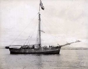 The sailing vessel Gjoa arriving in Nome. Image-Alaska Digital Archives