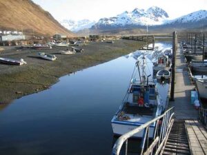 The small boat harbor at Old Harbor in 2004. Photo courtesy Alaska Department of Commerce, Community and Economic Development Division of Community and Regional Affairs Community Photo Library.
