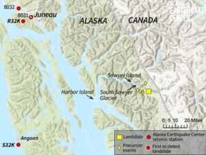 Map courtesy of the Alaska Earthquake Center
Map shows location of the Aug. 10, 2025, landslide and precursor activity.