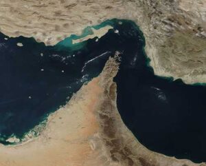 The Strait of Hormuz, the narrow throughway between Iran (north) and Oman and the United Arab Emirates (south). Image-Public Domain