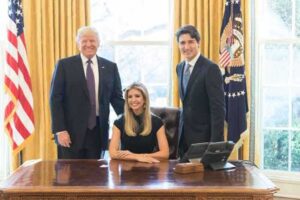 Ivanka (seated) with her father, President Trump and husband Jared Kushner in the oval office. Image-Ivanka Trump/Twitter