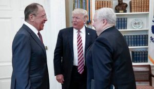 Trump meeting with Russian Foreign Minister Sergey Lavrov and Russian Ambassador Sergei Kislyak behind closed doors one day after Comey firing. Image-Russian Foreign Ministry