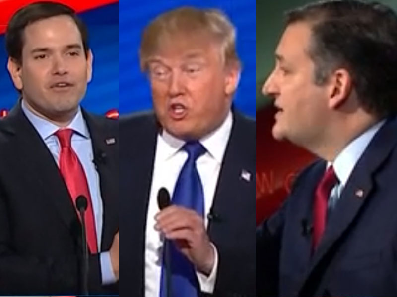 Republican presidential candidates Senator Marco Rubio, businessman Donald Trump, and Senator Ted Cruz