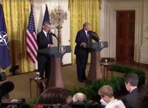 Secretary General of NATO and President Trump at a East Room news conference. Image-VOA
