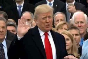 Donald Trump being sworn in as president of the United States. Image-VOA