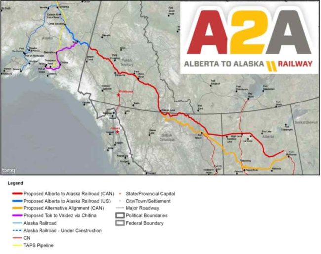 Proposed railway routes in Canada and Alaska. Map-A2A