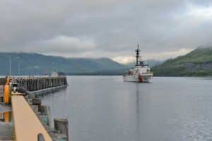 The Coast Guard Cutter Alex Haley (WMEC 39) returns to its homeport in Kodiak, August 1. The crew members completed a 90-day deployment, patrolling more than 16,000 miles throughout the Pacific Ocean. U.S. Coast Guard photo by Petty Officer 3rd Class Lauren Dean.