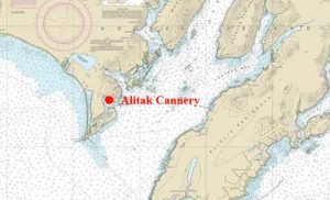 Location of Alitak cannery in Lazy Bay on the  south end of Kodiak Island. Image-NOAA maps