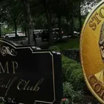 Demonstrators hold up mock crypto currency during the “America is Not for Sale” Rally Against Trump’s Crypto Dealings at the Trump National Golf Club on May 22, 2025 in Washington, DC. (Photo by Jemal Countess/Getty Images for Public Citizen)