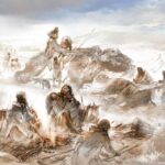 Eric Carlson An artist’s reconstruction of Clovis life 13,000 years ago shows the Anzick-1 infant with his mother consuming mammoth meat near a hearth. Another individual crafts tools, including dart projectile points and atlatls. A mammoth butchery area is visible nearby.