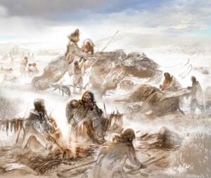 Eric Carlson
An artist’s reconstruction of Clovis life 13,000 years ago shows the Anzick-1 infant with his mother consuming mammoth meat near a hearth. Another individual crafts tools, including dart projectile points and atlatls. A mammoth butchery area is visible nearby.