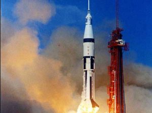 Apollo 7 lifts off from Cape Kennedy (now Cape Canaveral) Air Force Station's Launch Complex 34 on Oct. 11, 1968. It was the first of several piloted flights designed to qualify the spacecraft for the half-million-mile round trip to the Moon. Credits: NASA