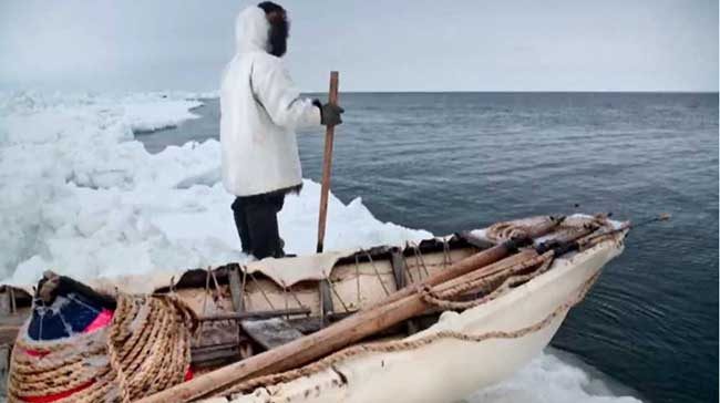 An Inupiat whale hunter standing by an umiak, traditional seal skin boat, at Point Hope, Alaska. Image courtesy of Frontier Scientists.