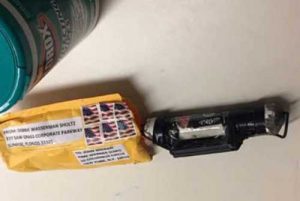 A package containing a "live explosive device," according to police, received at the Time Warner Center which houses the CNN New York bureau, in New York City, is shown in this handout picture provided by CNN