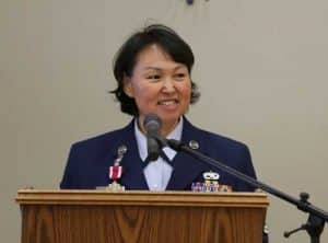 Alaska Air Guard Master Sgt. Ella Doak, 168th Wing, speaks to friends and family members during her retirement ceremony in Kipnuk, Alaska, Nov. 9, 2018. Doak chose to have the ceremony in her hometown after more than 24 years of dedicated service to the state and nation. (U.S. Army National Guard photo by Sgt. 1st Class Balinda O’Neal Dresel)