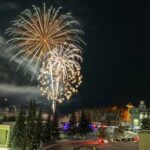 UAF photo by Eric Engman Fireworks launch from the UAF West Ridge during the 2024 Sparktacular celebration.