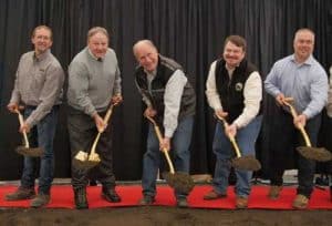  Officials break ground for the Gilmore Expansion Project at Fort Knox Mine. (L to R, Fort Knox Mine Vice President Eric Hill, Assistant Secretary of Mine Safety David Zatezalo, Governor Bill Walker, Assistant Interior Secretary Joe Balash, and Alaska Division of Mining Director Brent Goodrum.)