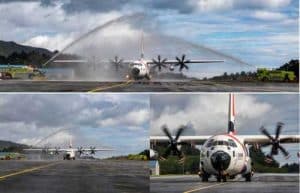 Coast Guard Air Station Kodiak's first HC-130J Super Hercules arrives in Kodiak, Alaska, Aug. 21, 2018. Air Station Kodiak is expected to receive five HC-130J model planes by the end of 2019 to replace the five HC-130H model planes currently there. U.S. Coast Guard photo by Petty Officer 1st Class Jonathan Harper.