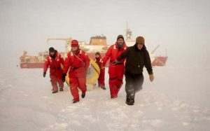 (From left) Carl Felten, U.S. Coast Guard Ensign Annabelle Gagnon, Merchant Marine Academy Cadet Taylor Crisci, Luc Rainville and Jeremy Wilkinson pull a buoy across the Arctic ice Sunday, Sept. 30, 2018, about 350 miles northeast of Barrow. (NyxoLyno Cangemi/U.S. Coast Guard)