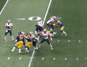 Patriot quarterback Tom Brady setting up to pass in Superbowl 53. Image-NFL screengrab