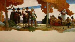 This 1940 painting by Newell Convers Wyeth depicts the first harvest festival at Plymouth, now celebrated as Thanksgiving.