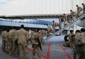 Approximately 80 Alaska Army National Guard Soldiers assigned to the 297th Military Police Company returned home on a military contract aircraft following a nine-month deployment to Kuwait.  (U.S. Air National Guard photo by Lt. Col. Candis Olmstead)