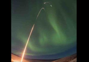 A time-lapse photo of a NASA sounding rocket taking off from the Poker Flat Research Range. Image-NASA photo by Jamie Adkins