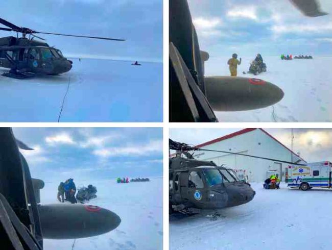 An Alaska Army National Guard UH-60 Black Hawk helicopter aircrew performed a search and rescue mission for three Iditarod mushers about 25 miles east of Nome, March 20, 2020. The mushers and their dogs went through Bering Sea flood waters on the race trail and were wet and freezing. The aircrew transported two firefighter emergency medical technicians and Iditarod dog handlers to assist. The mushers were flown to Nome and transported to a local hospital. A local search and rescue team helped race dog handlers care for the sled team and returned them to Nome. (Courtesy photos)
